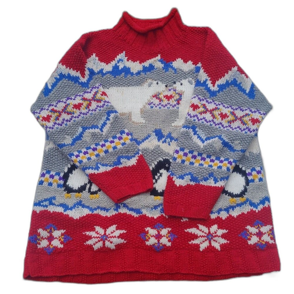 Vtg Wool Handknit Metropolitan Sweater Polar Bear Penguins